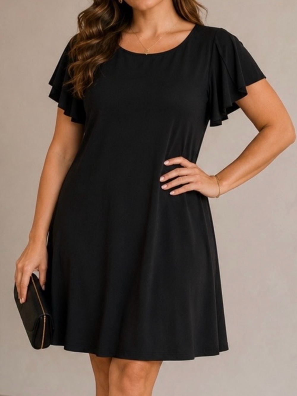 Tash + Sophie Black Shift Dress 1X Flutter Sleeve Minimalist Midi Dress